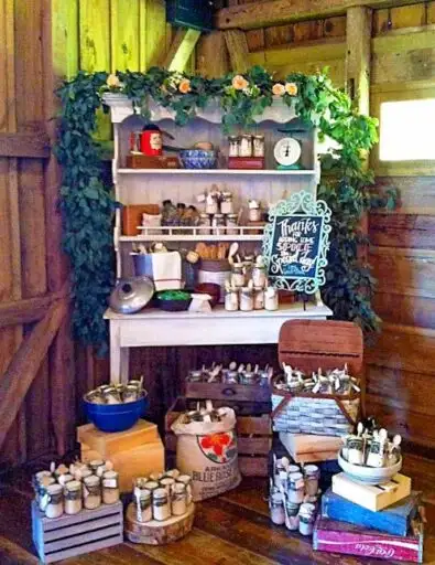 Favor table inside the barn at Destrehan Plantation
