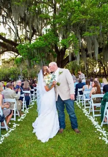 A couple after their ceremony under the live oak at Destrehan Plantation